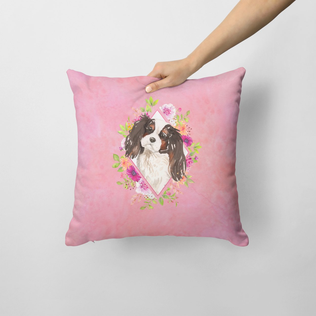 Tricolor Cavalier Spaniel Pink Flowers Fabric Decorative Pillow