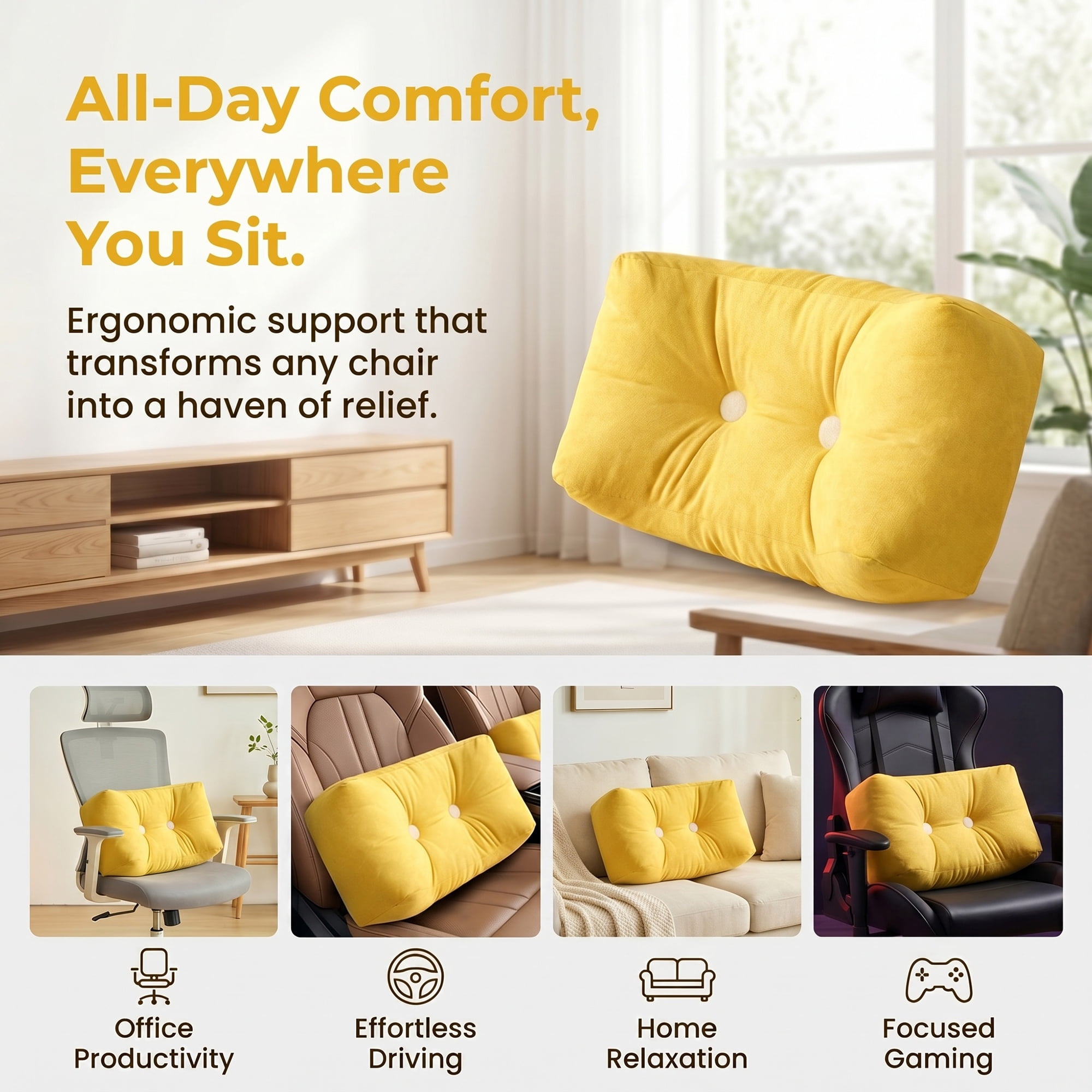 Unique Bargains Lumbar Support Pillow Cotton Back Support Mist Yellow 18.9" x 9.8" x 7.5"
