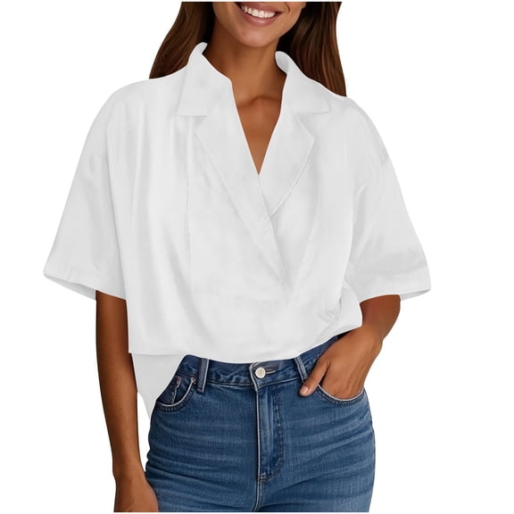 Lenpel Women's Tops Fashion Summer Short Sleeve V Neck Lapel Solid Color Loose T Shirts Dressy Casual Blouses