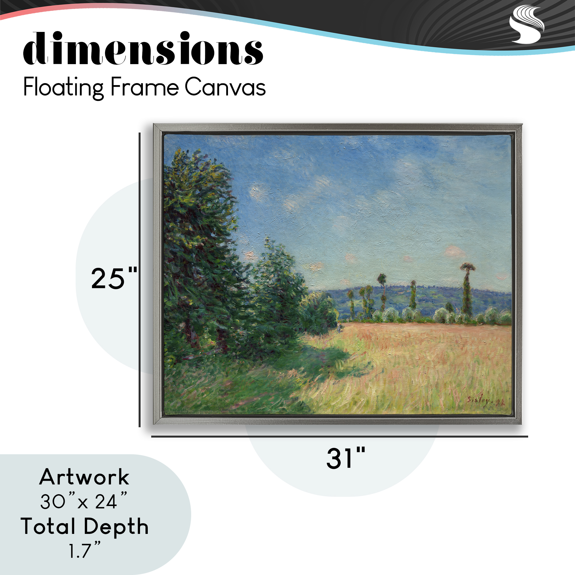 Sahurs Meadows in Morning Sun Gray Framed Floater Canvas Wall Art, design by Alfred Sisley