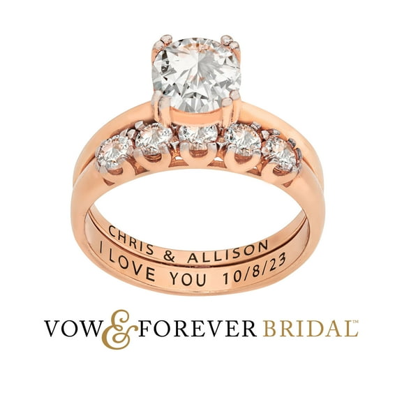 Vow & Forever Personalized Planet Bridal 14K Rose Gold over Sterling Silver Round White Topaz 2-Piece Engraved Wedding Ring Set ,Women's