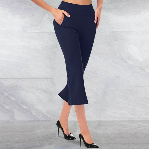 Blmnix Work Pants Pants for Women Capri Pants Pleated Trousers Blue Slim Bootcut 7/8th High Dressy Pants for Women,S