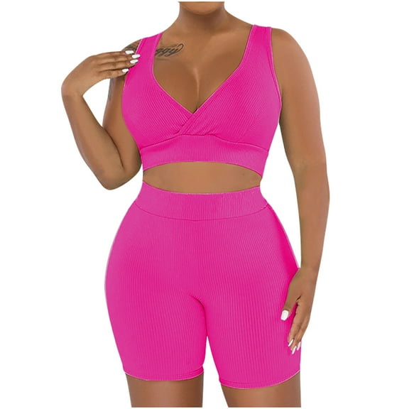 Hueook Sweat Suits For Womens 2 Piece Women's Fashion Two-piece Solid Color V-Neck Tank And Short Sports Casual Suit Hot Pink M