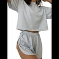 thumbnail image 2 of Pijama de Rayas para Mujer, Conjunto de Dos Piezas, Camiseta con Estampado de Rayas y Hombros Caídos, Pantalones Cortos Cruzados con Abertura. Gris XL, 2 of 8