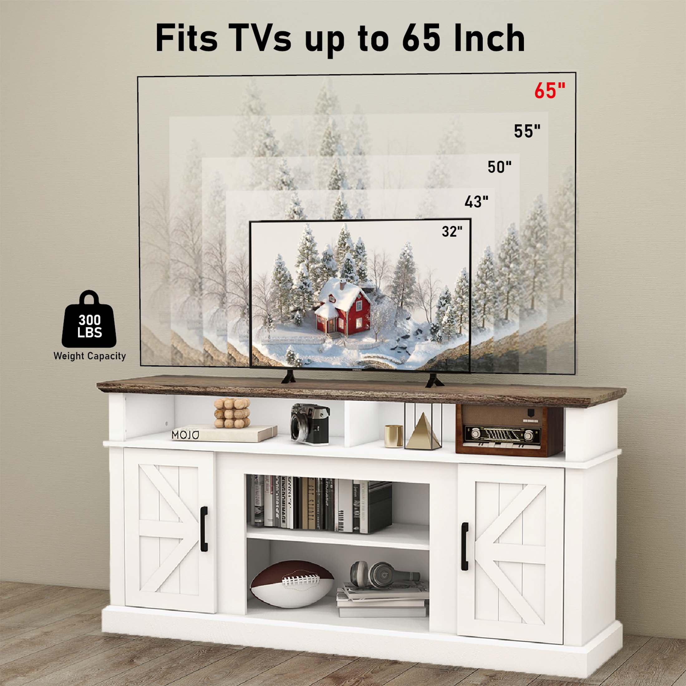 Luban Nese TV Stand for 65 Inch TV, Entertainment Center with Storage Cabinets and Barn Doors, Mid Century Modern Media TV Console Table for Living Room Bedroom (58" White)