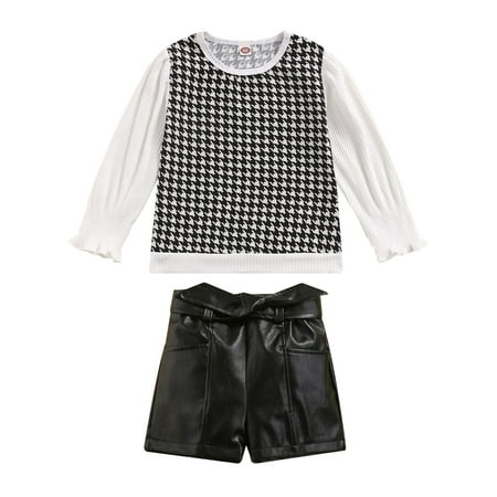 

Sunisery 2PCS Toddler Infant Baby Girls Elastic Cuff houndstooth Long Sleeve Tops Leather Shorts Set White 3-4 Years