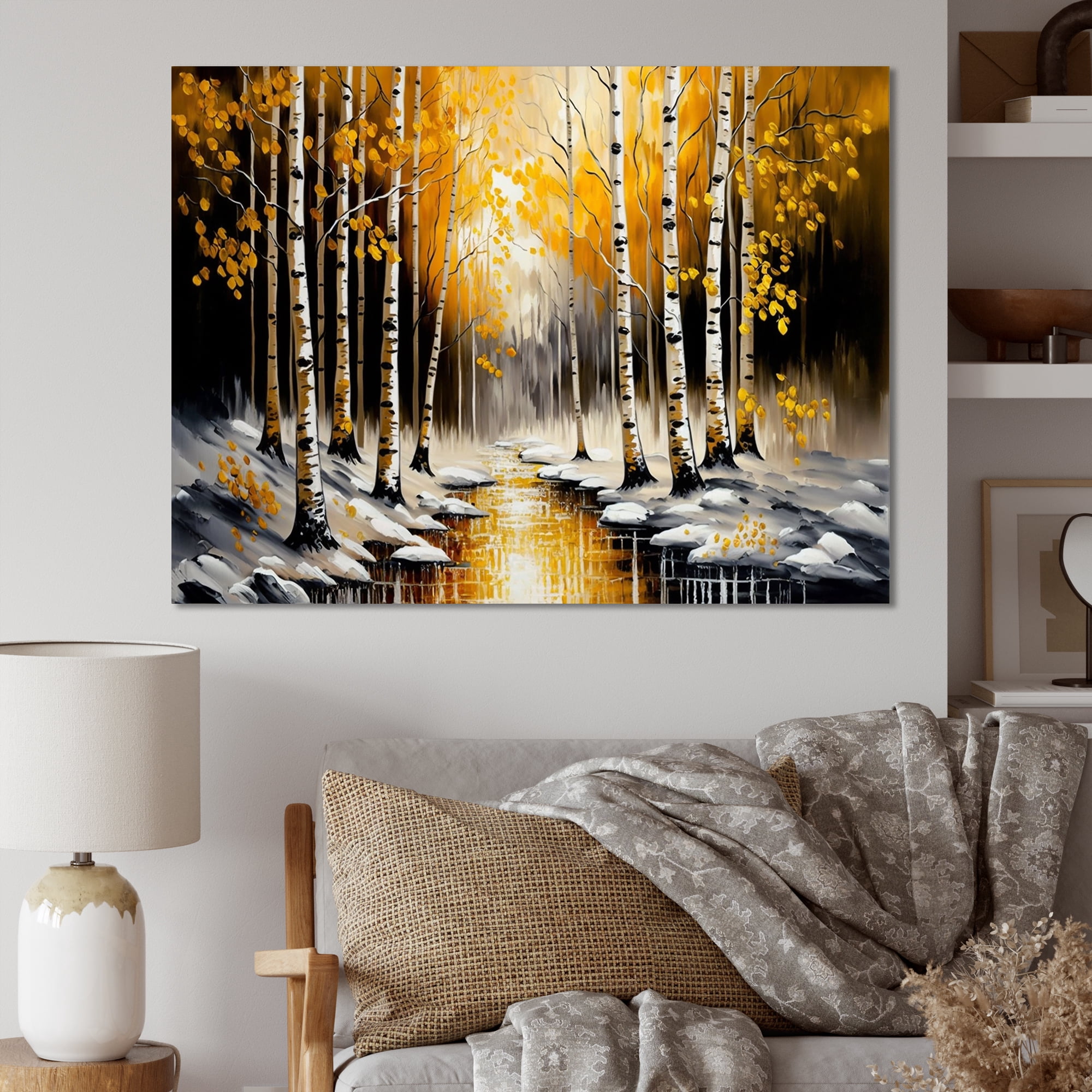Designart Monochrome Golden Birch Trees By The River I Canvas Wall Art