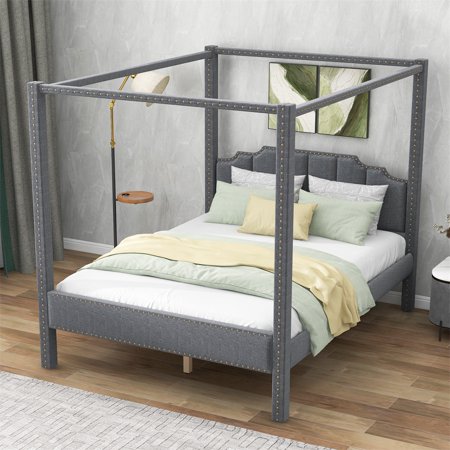 Queen Upholstery Canopy Platform Bed Frame Four-Poster  Wooden Queen Size Platform Bed Frame with Headboard and Slat Support Legs for Kids  Teens and Adults  Easy Assembly  Gray