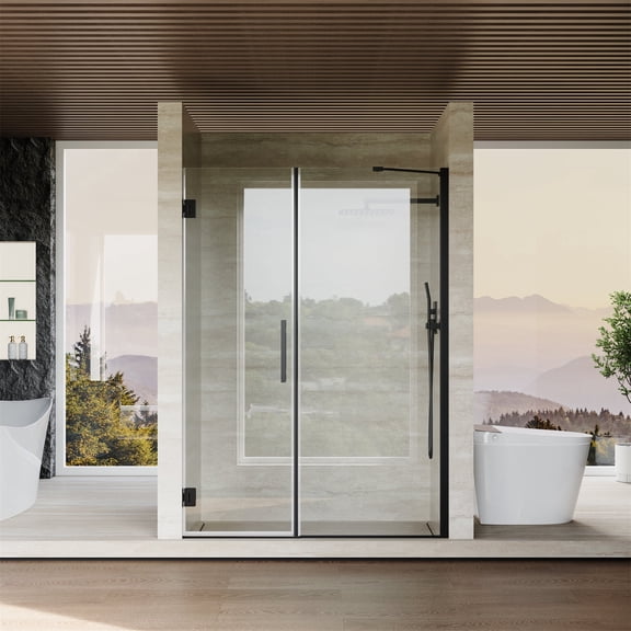 ANGELES HOME 52-53 in. W x 72 in. H Frameless Hinged Shower Door in Matte Black with 3/8 in. Clear Tempered Glass, Fixed Panel and Support Bar