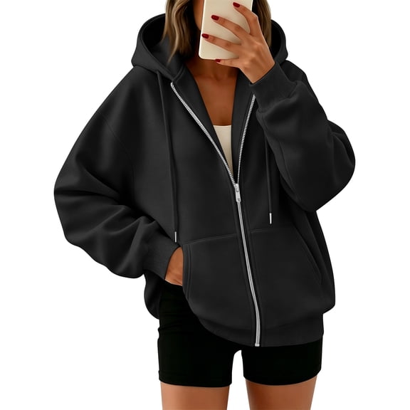 Womens Oversized Zip Up Hoodie Long Sleeve Casual Sweatshirt Relaxed Fit Hooded Jacket with Kangaroo Pocket