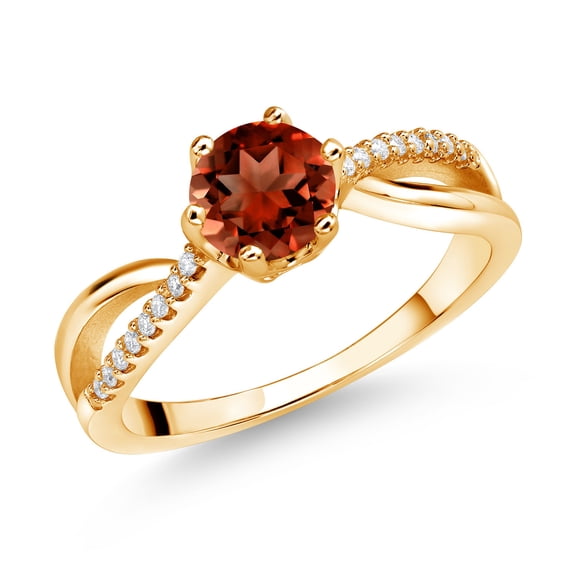 Gem Stone King 18K Yellow Gold Plated Silver Ring Round Garnet and Moissanite (1.08 Cttw) (Size 5)