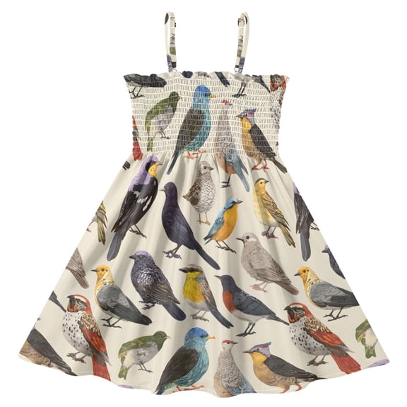 joogoo Girls' Various Birds Print Cami Dress Kids Sleeveless Smocked A-Line Sundress for 5-6 Years Casual Summer Swing Dresses