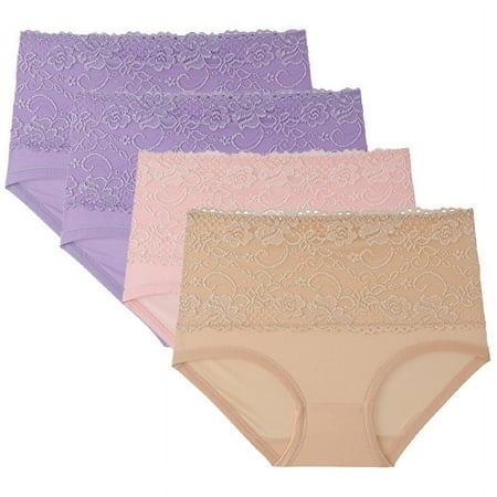 Ohufall Women s Plus Size Briefs Underwear Sexy Solid Color Floral Printed Panty Stretchy High Waist Tummy Control Brief 4-Pack