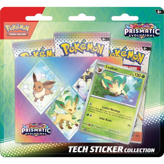 Pokemon TCG: Scarlet & Violet—Prismatic Evolutions Tech Sticker Collection – Leafeon (1 Foil Promo Card & 3 Booster Packs)