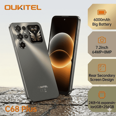Unlocked Cell Phone Rear Secondary Screen Design OUKITEL C68 Plus 24GB(8+16expansion)+256GB Lightweight Smartphone 6000mAh Battery 7.2Inch 64MP+8MP Mobile Phone for Urban Elites Daily Use