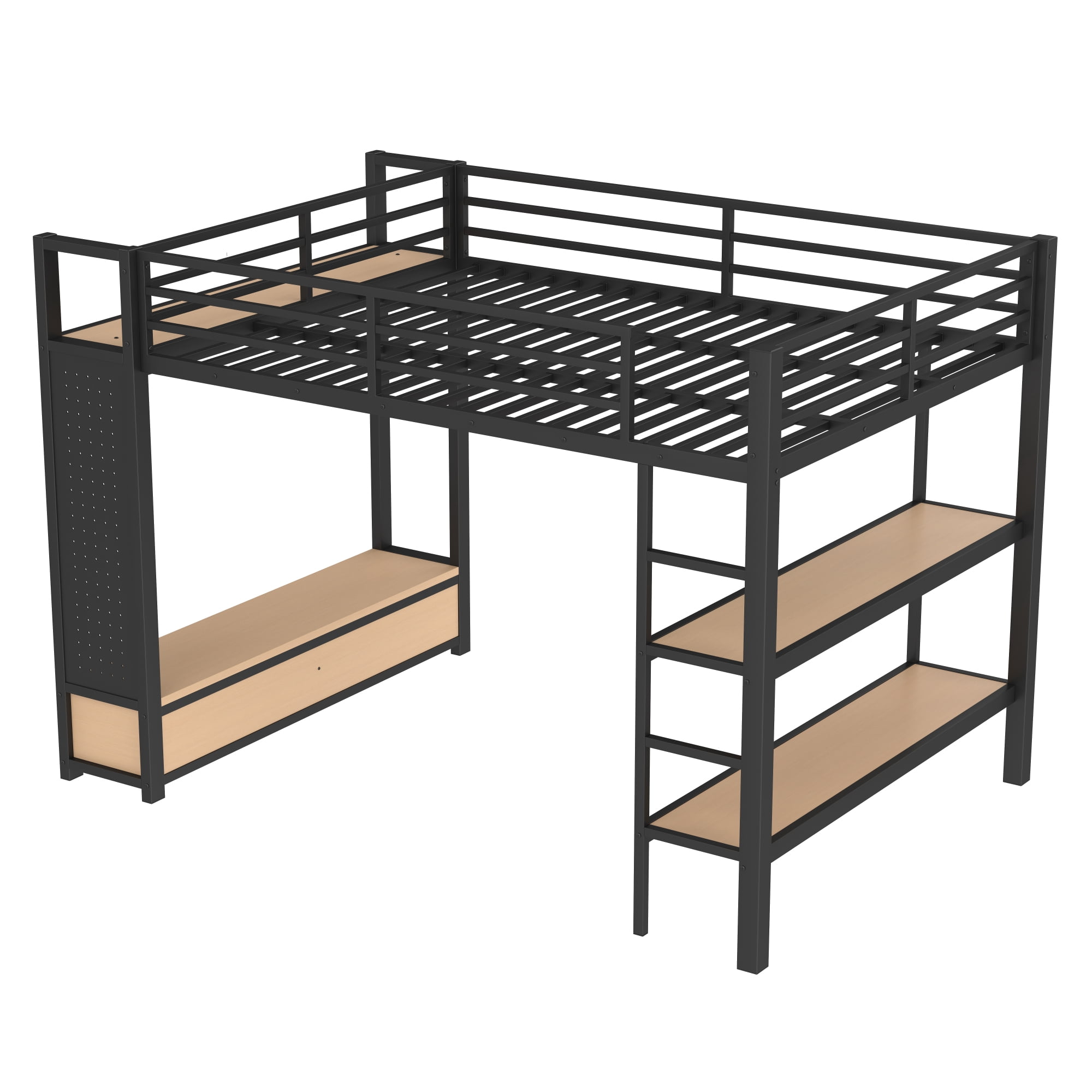 Leumius Queen Size Loft Bed with Built-in Wardrobe,Heavy Duty Metal Loft Bed with Storage Shelves and Pegboard,Space-Saving,Black