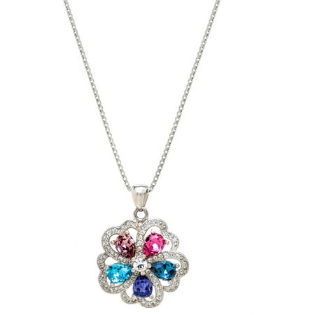 American Designs Multi-Colored Teardrop Pear and Round CZ Sterling Silver Border Petal Flower Pendant, 18 Chain