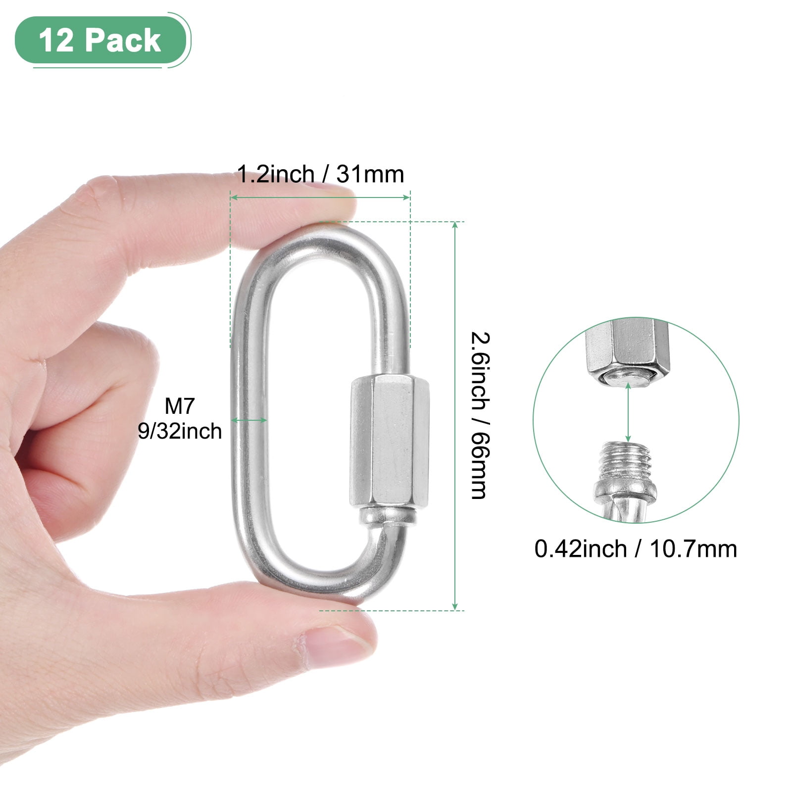 12-Pack Quick Chain Link Connector, M7 9/32 304 Stainless Steel D-Shape Locking Repair Chain Links for Swing/Camping/Hiking/Backpack, Twist Key Ring Screw Chain Link [Silver]