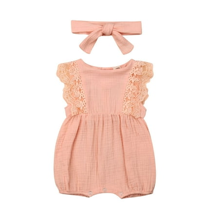 

Qiylii Toddler Girls Bodysuit+Headband Lace Fly Sleeve O neck Romper Pink