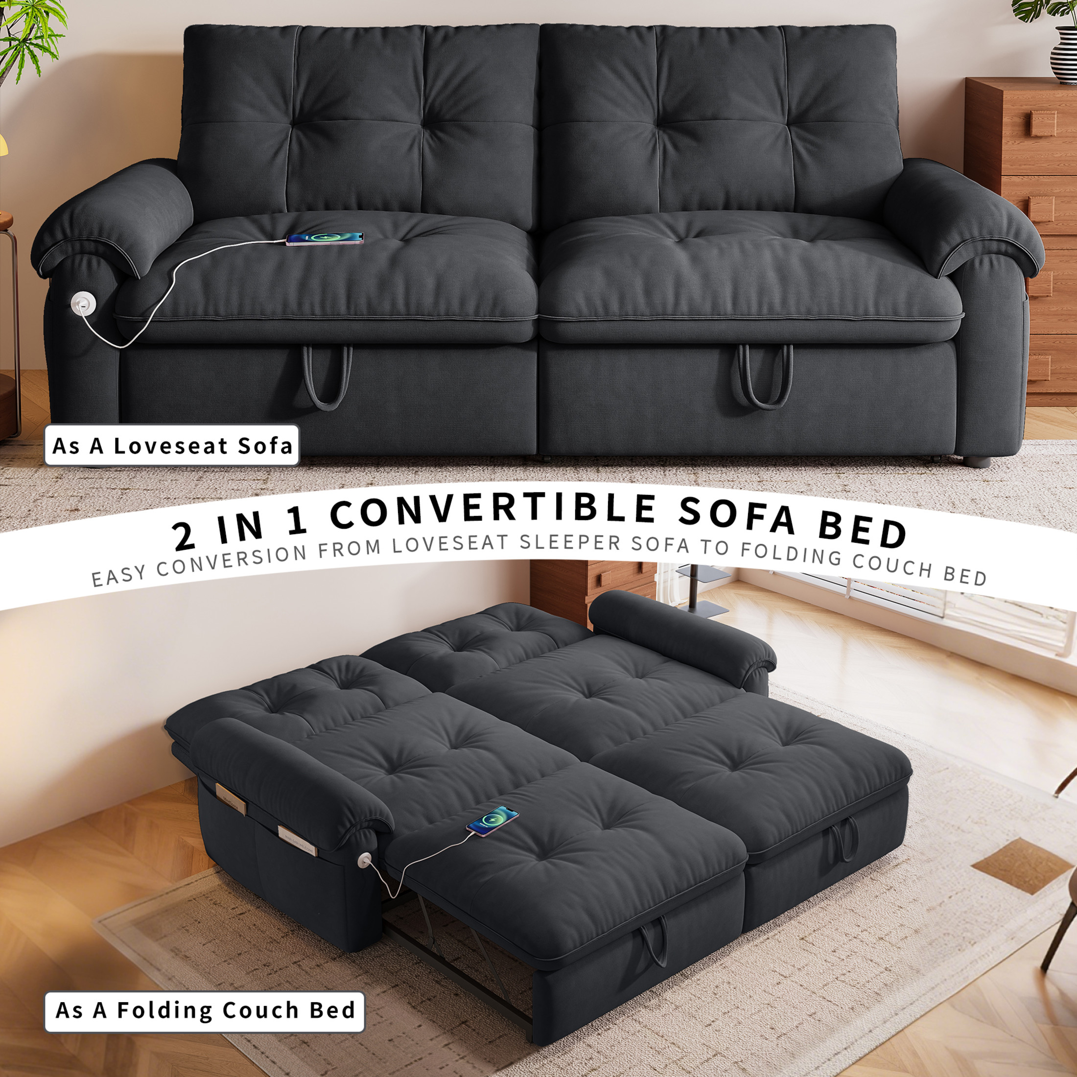 Noble House 77" Modern Velvet Convertible Sofa Bed, Pull Out Loveseat with Adjustable Backrest & USB Ports, Gray