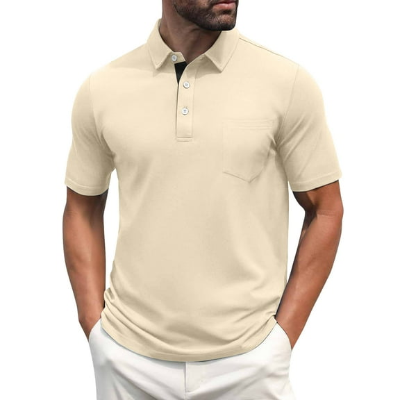 Men's Polo Shirts Short Sleeve Casual Shirts with Pocket Beige L