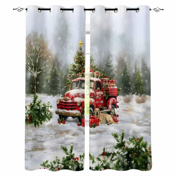 Hokiten Christmas Blackout Curtains | Light Blocking Print Window Curtains, Red Truck Snowflake Forest Xmas Tree Thermal Insulated Window Drapes for Living Room Kitchen Cafe (2 Panels, 55"W x 39"L)