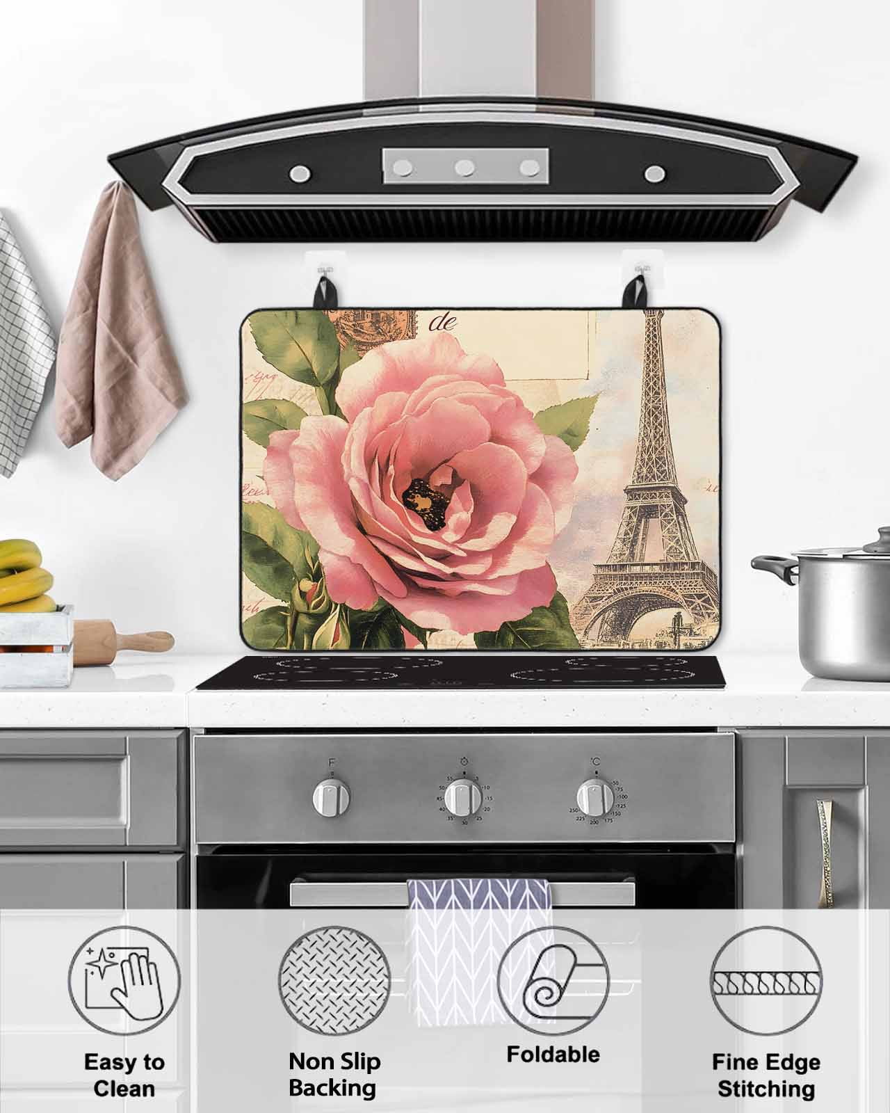 nqOlkjepod Large Induction Cooktop Protector Mat 36"x21", Vintage Floral Stove Top Covers for Electric Stove, Retro Letter Tower Decorative Stove Burner Cover Mats, Glass Top Stove Cover