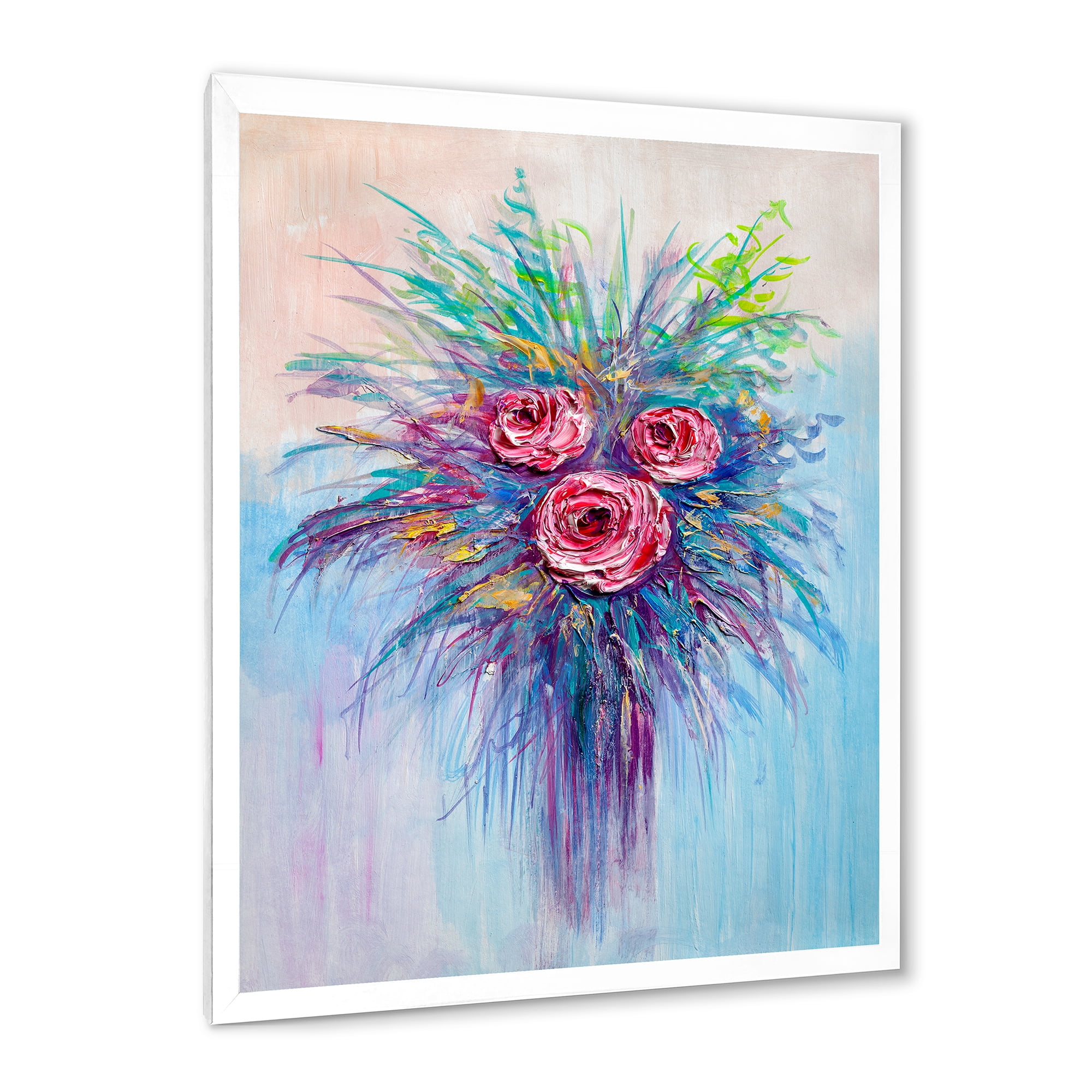 Designart 'Bouquet Of Red Roses In A Vase On Blue' Traditional Framed Art Print