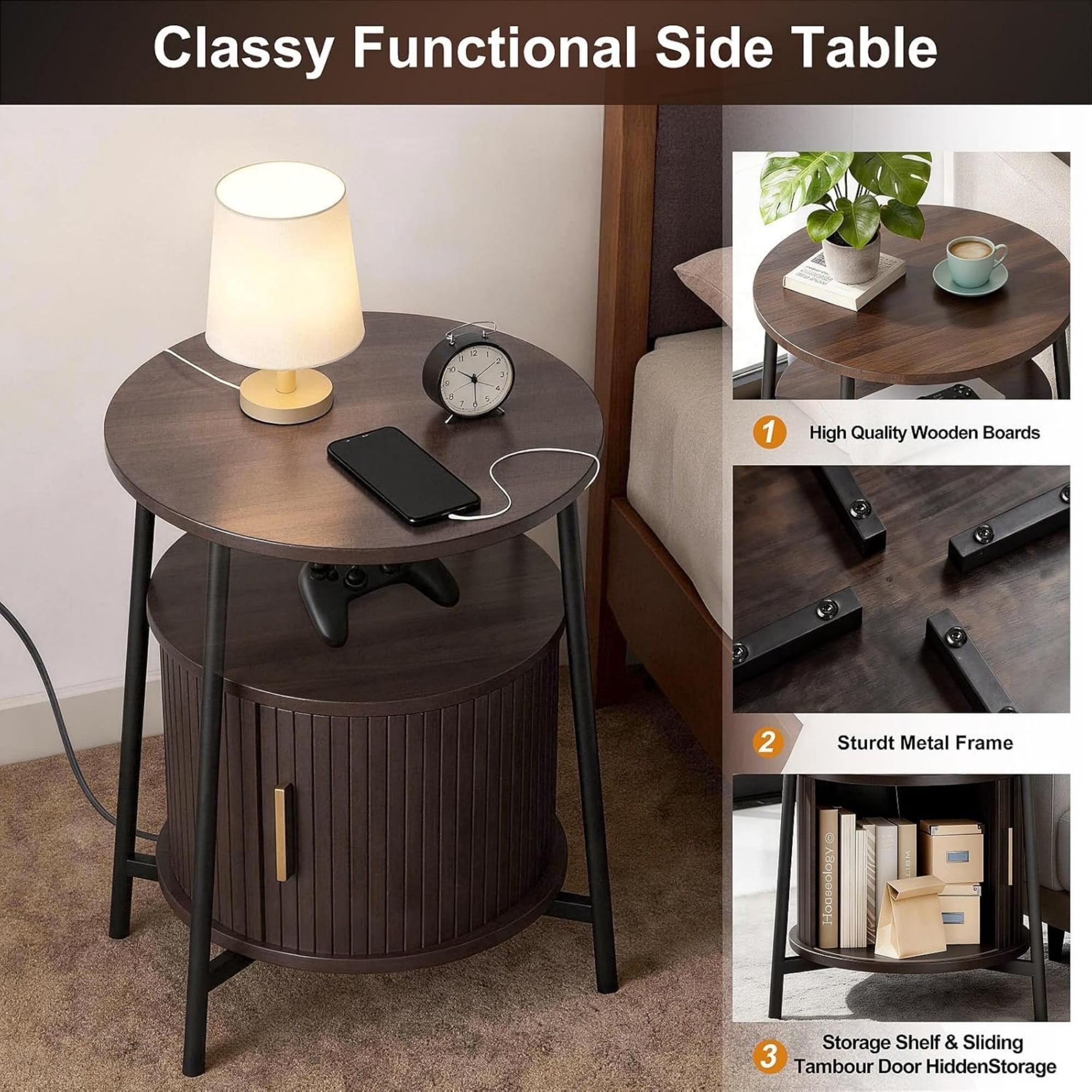 Round End Table with Charging Station, Fluted Side Table with Sliding Door, Mid Century Modern Nightstand for Bedroom & Living Room, Coffee