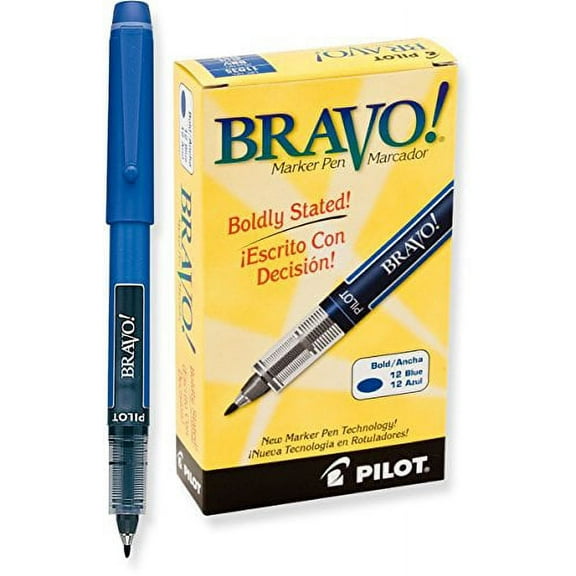 2 Dozen Total 24. Pilot Bravo Liquid Ink Marker Pens, Bold Point, Blue (11035)