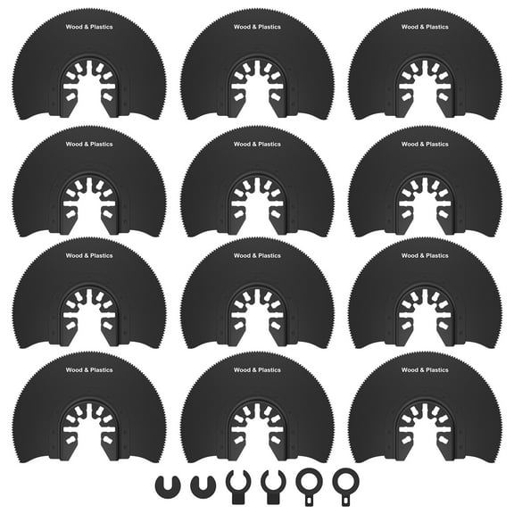 Ikoopy 12Pcs Oscillating Saw Blades Set 3-1/2inch Semicircular Saw Blade High Carbon Steel 12Pcs Multitool Blades Quick Release Oscillating Blades with 6 Gasket Adapter for Wood Soft Metal Plastic