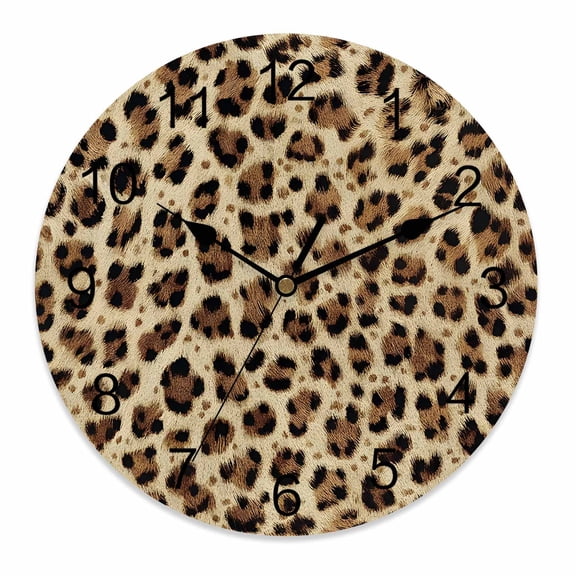 Silent Wall Clocks Battery Operated, Vintage Abstract Round Decorative Wall Clock for Living Room Bedroom Kitchen Bathroom Classroom Decor, 14 Inch Leopard Print Texture Animal Skin Brown