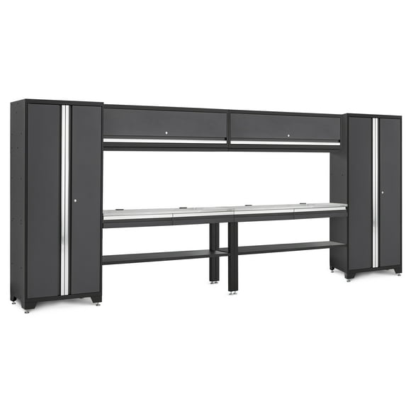 NewAge Products Bold Series Gray 8 Piece Set with 30 in Locker, 60 in Wall Cabinet, 60 in RTA Workbench and Stainless Steel Worktop, Heavy Duty Steel Grage Storage Cabinets