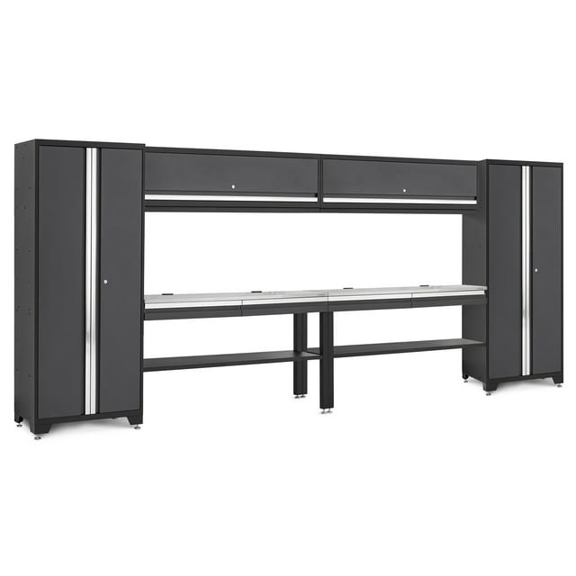 NewAge Products Bold Series Gray 8 Piece Set with 30 in Locker, 60 in Wall Cabinet, 60 in RTA Workbench and Stainless Steel Worktop, Heavy Duty Steel Grage Storage Cabinets