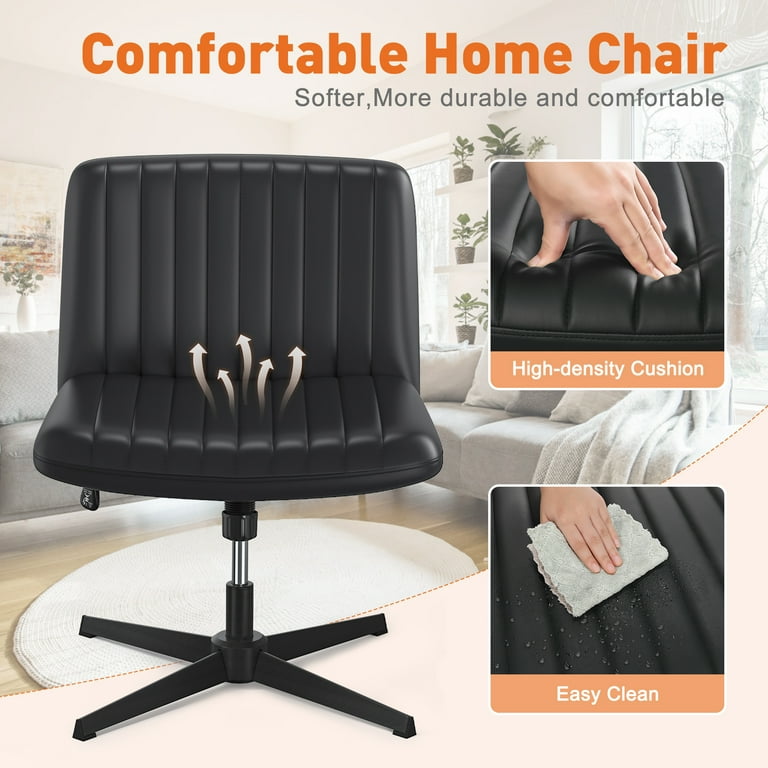 PUKAMI Armless Desk Chair No Wheels, PU Leather Wide Seat Task Chair