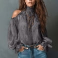 thumbnail image 2 of Helii Long Sleeve Shirts for Women Cold Shoulder Halter Neck Chiffon Blouse Boho Print Elegant Shirts Autumn Fall Outfift Casual Office Work Top, 2 of 7