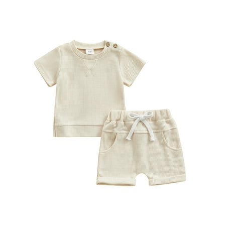 

Shuttle tree Summer Toddler Baby Boy Girl Clothes Set Unisex Waffle Outfits Solid Short Sleeve Pocket Tops Shorts 2PCS