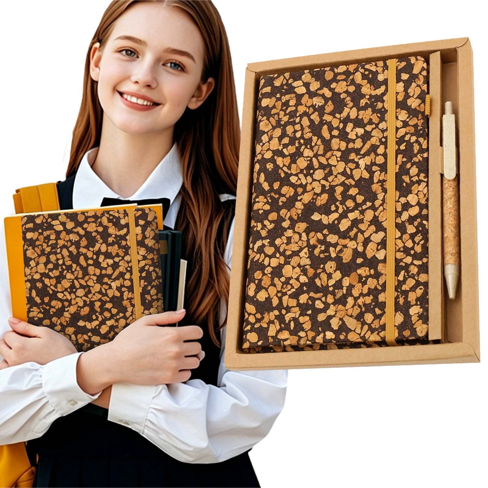A5 Cork Fabric Notebook Kraft Paper Set Notepad-Cork Kraft Paper Set,Lined Journal Notebook with Cork Leather Cover and Pen,A5 Hardcover Notebook for Writing and Journaling (B)
