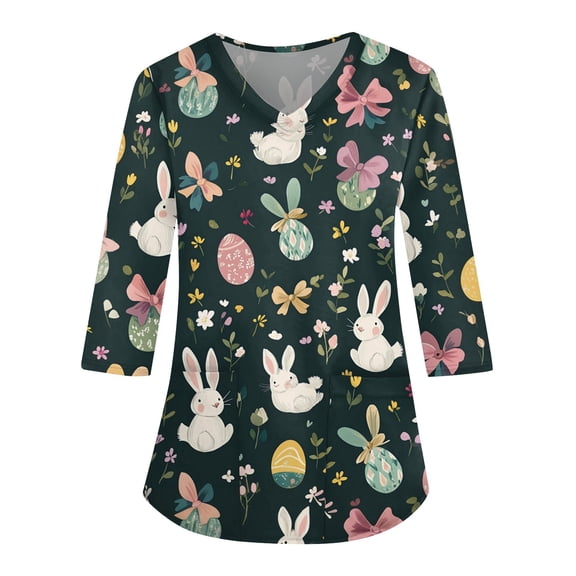 Scrubs For Women，Easter Scrub Tops Women Bunny Egg Hunt Print Medical Scrub Tops Holiday Working Uniform Happy New Year 2026，Dark Green，XXXL