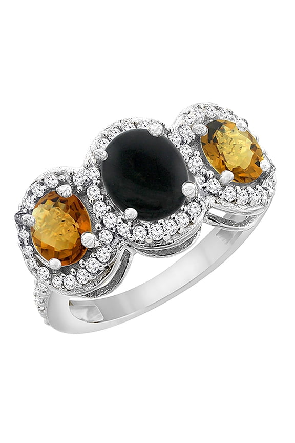 14K White Gold Natural Black Onyx & Whisky Quartz 3-Stone Ring Oval Diamond Accent, size 9.5