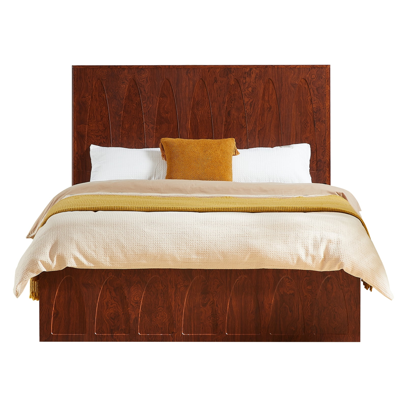 Mintazer Queen Size Curved Groove Platform Bed with 4 Drawers, Platform Storage Bed for Bedroom & Guest Room, No Box Spring Needed, Brown