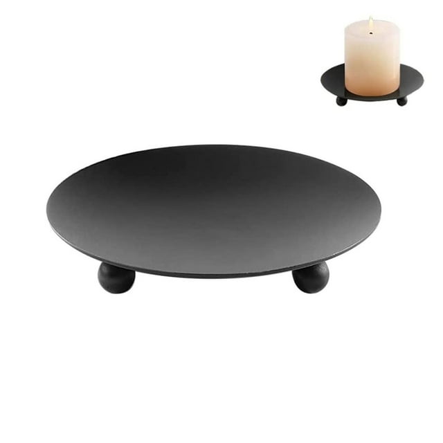Black Iron Plate Candle Holder, Decorative Iron Pillar Candle Plate, Pedestal Candle Stand For