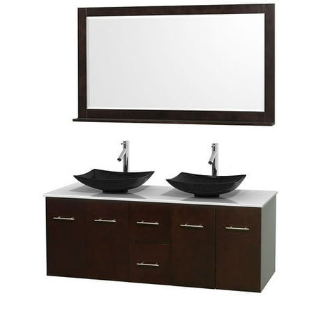 Centra 60 inch Double Bathroom Vanity in Espresso, White Man-Made Stone Countertop, Arista Black Granite Sinks, and 58 inch