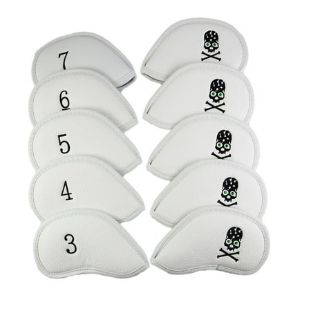 10x Skull Embroidery PU Nylon Golf Covers Set, Club Golf covers for head Cover, Golf Cover, Easy to Use - White