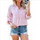 thumbnail image 1 of Camisas A Rayas con Botones para Mujer, Blusas Casuales de Larga con Cuello en V y Bolsillos Rosa L, 1 of 7