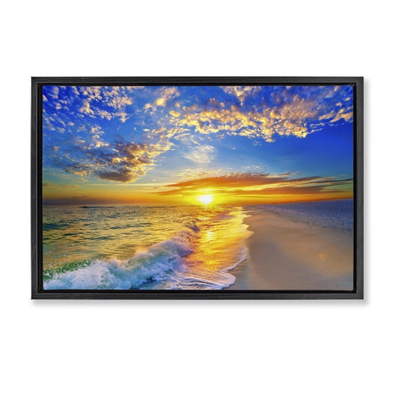 Stupell Industries Coastal Golden Sunset Beach Blue Sky Black Floating Frame Canvas Art, 25 x 17, by Eszra Tanner