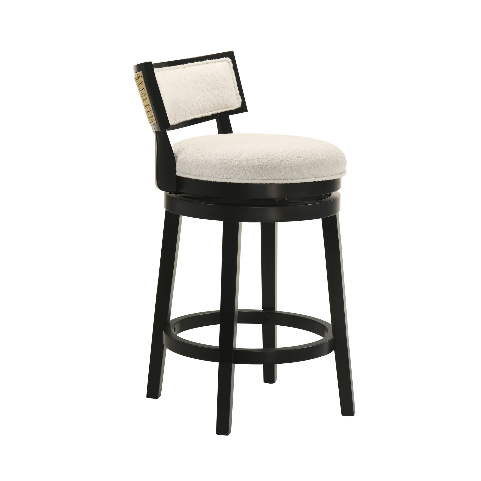 Noely Modern Farmhouse Swivel Wood Counter Height Kitchen Bar Stool in Black Finish with White Boucle Fabric Upholstered Seat - Set of 4