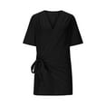thumbnail image 4 of Women Lightweight Linen T Shirt Dress Wrap V Neck Ruched Side Tie Knot Casual Solid Color Breathable Summer Outfits, 4 of 9