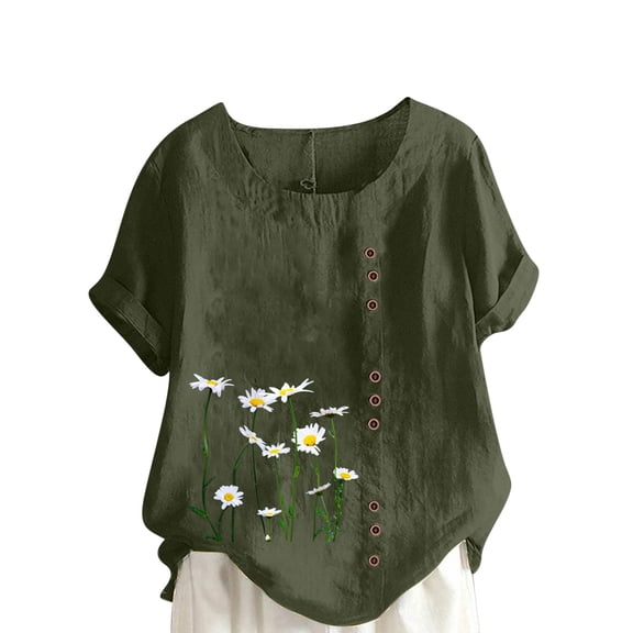 Womens Summer Tops Oversized Tshirts Summer Casual Round Neck Short Sleeve Flower Printing Loose Shirt Tops (Size:S-5XL)