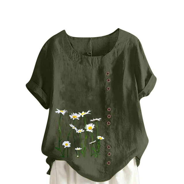 Cameland Hauts pour Femmes Col Rond Manches Courtes Imprimé Floral Chemise Ample
